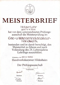 Meisterbrief Holger Lohr Gas-Wasser-Installateur